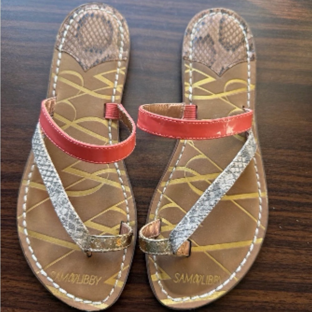 Sam & Libby Red and Silver Metallic Strap Thong Sandals